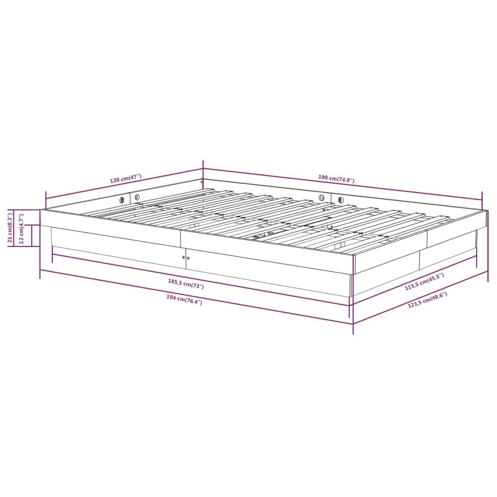 vidaXL voodiraam, valge, täismännipuit, 120 x 190 cm hind ja info | Voodid | kaup24.ee