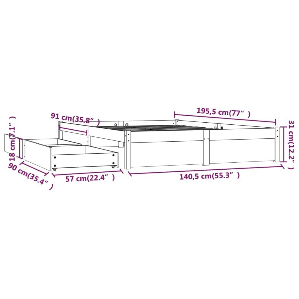 vidaXL sahtlitega voodiraam, valge, 135 x 190 cm цена и информация | Voodid | kaup24.ee