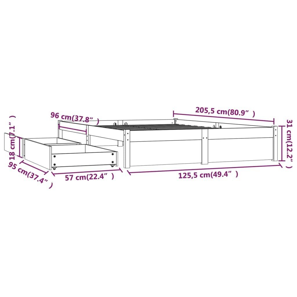 vidaXL sahtlitega voodiraam, valge, 120 x 200 cm hind ja info | Voodid | kaup24.ee