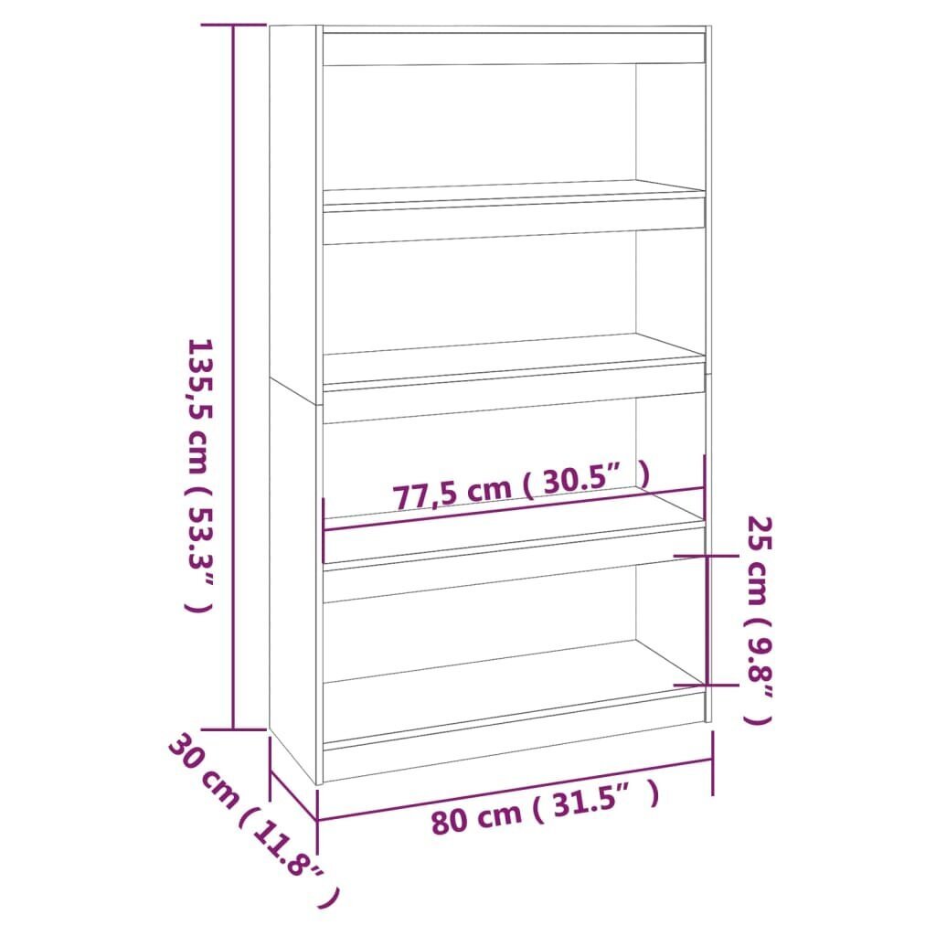 vidaXL raamaturiiul/ruumijagaja, valge, 80 x 30 x 135,5 cm, täismännipuit цена и информация | Riiulid | kaup24.ee