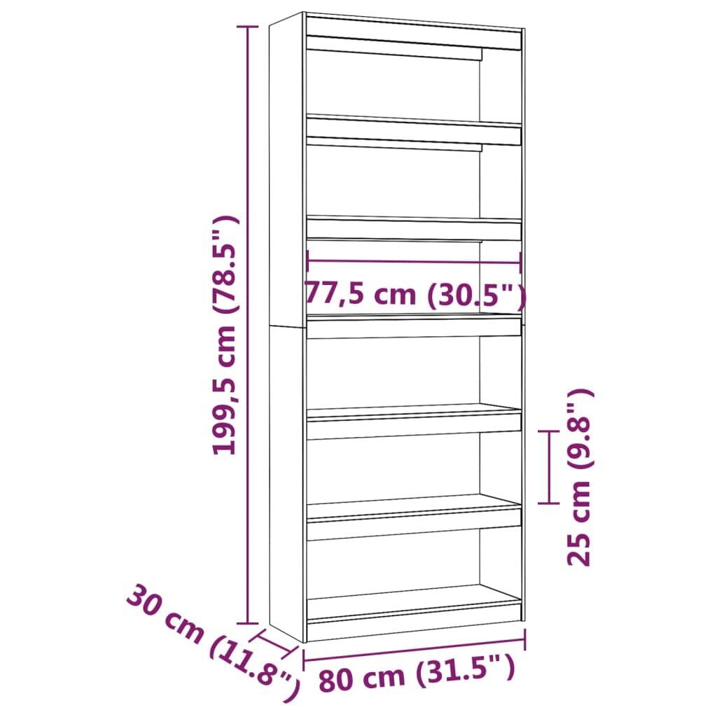 vidaXL raamaturiiul/ruumijagaja, valge, 80 x 30 x 199,5 cm, täismännipuit hind ja info | Riiulid | kaup24.ee