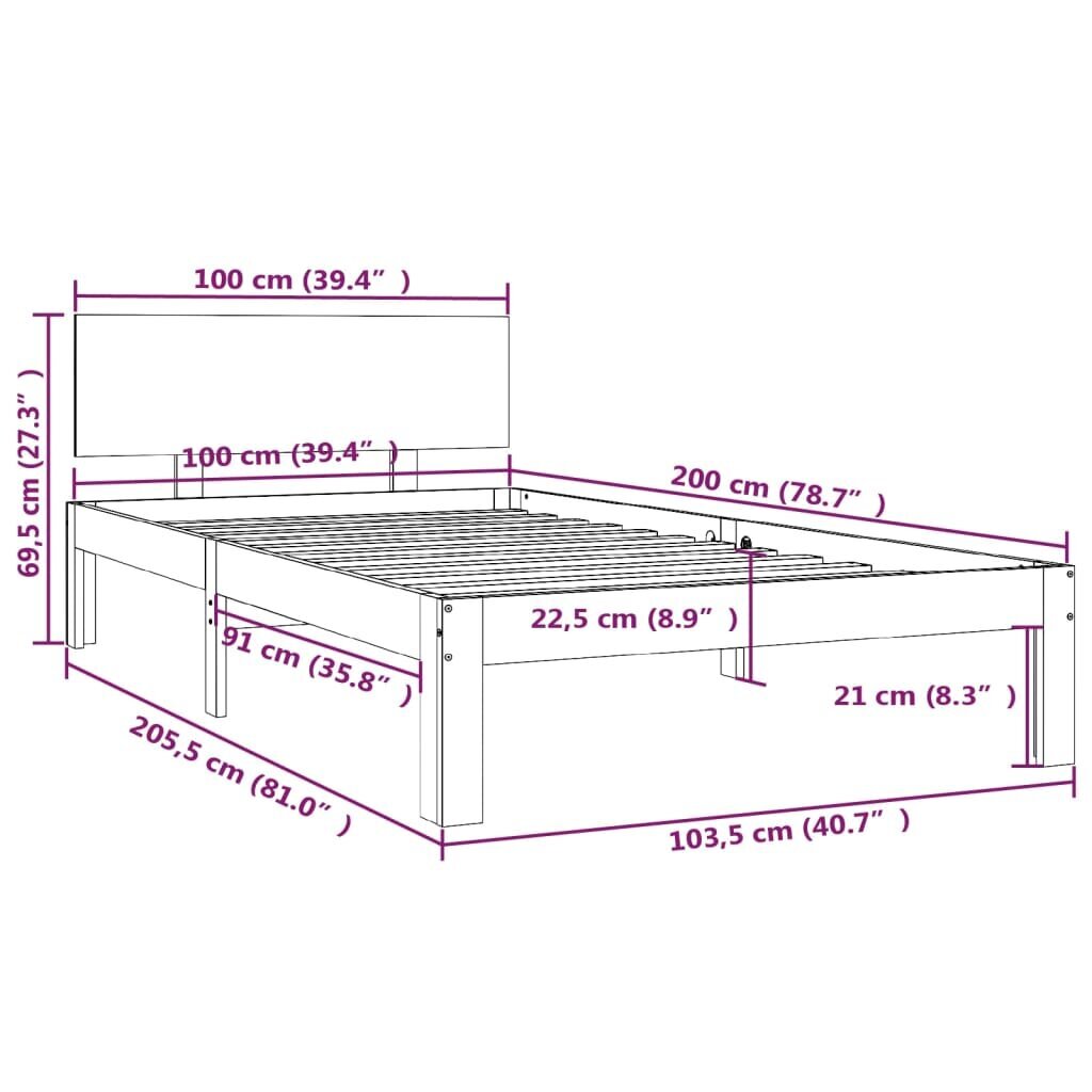 vidaXL voodiraam, männipuit, 100 x 200 cm hind ja info | Voodid | kaup24.ee