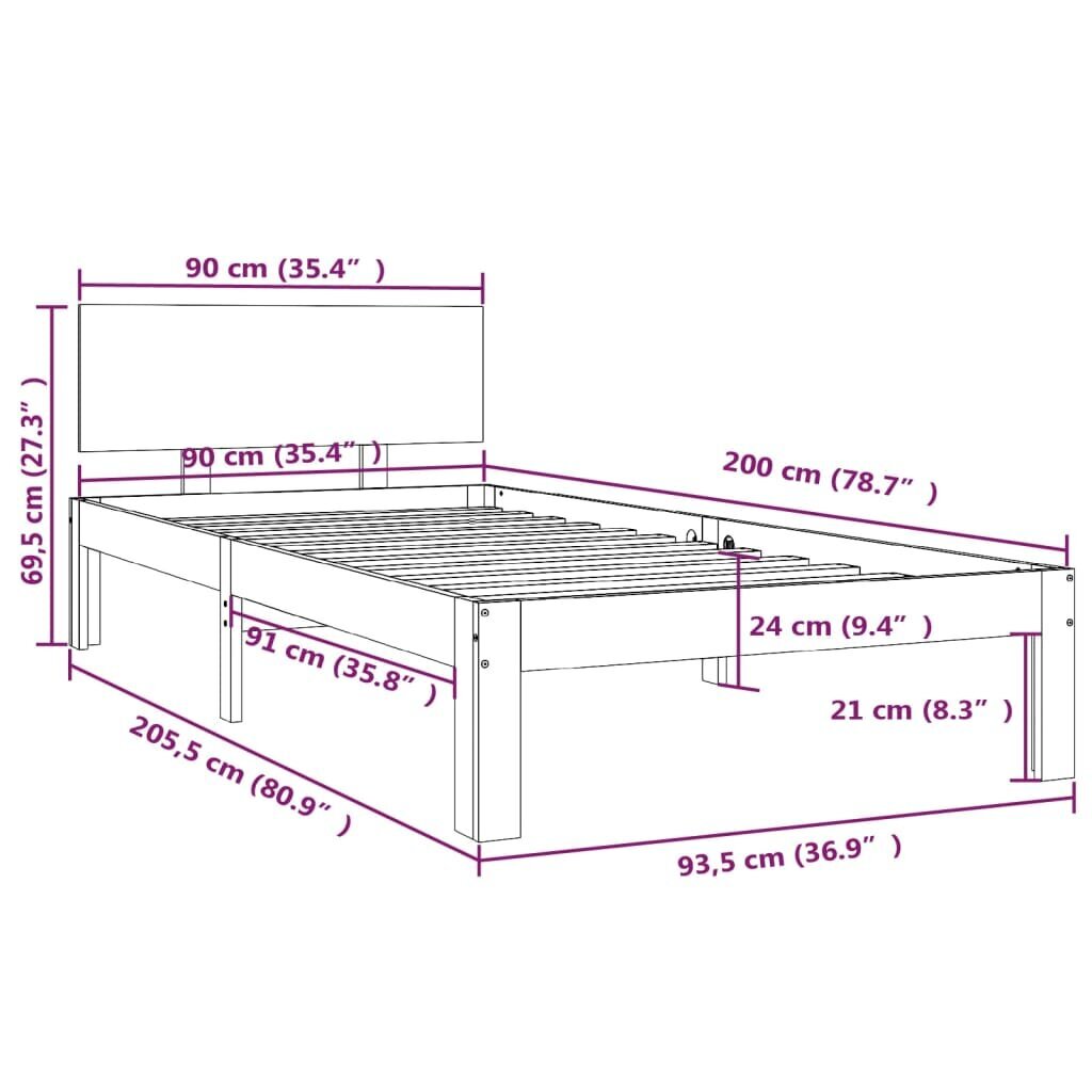 vidaXL voodiraam, hall, männipuit, 90 x 200 cm hind ja info | Voodid | kaup24.ee