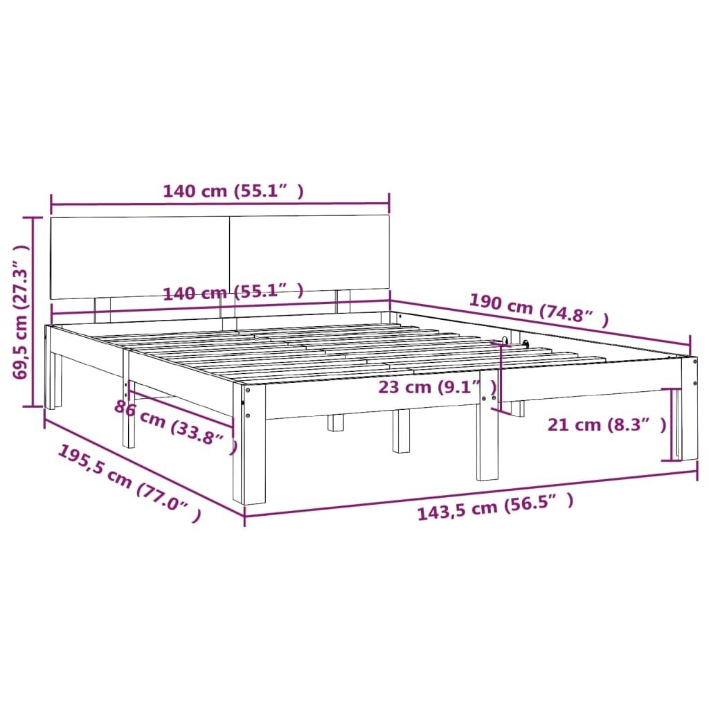 vidaXL voodiraam, valge, männipuit, 140 x 190 cm hind ja info | Voodid | kaup24.ee