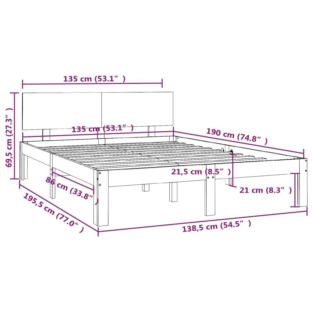 vidaXL voodiraam, hall, männipuit, 135 x 190 cm hind ja info | Voodid | kaup24.ee