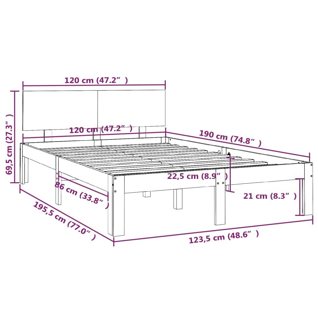 vidaXL voodiraam, valge, täismännipuit 120x190 cm цена и информация | Voodid | kaup24.ee