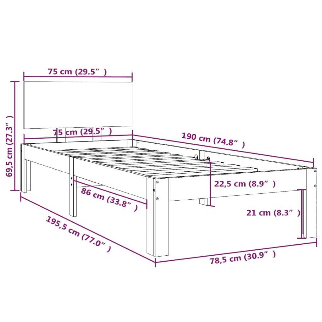 vidaXL voodiraam, must, täismännipuit, 75 x 190 cm цена и информация | Voodid | kaup24.ee