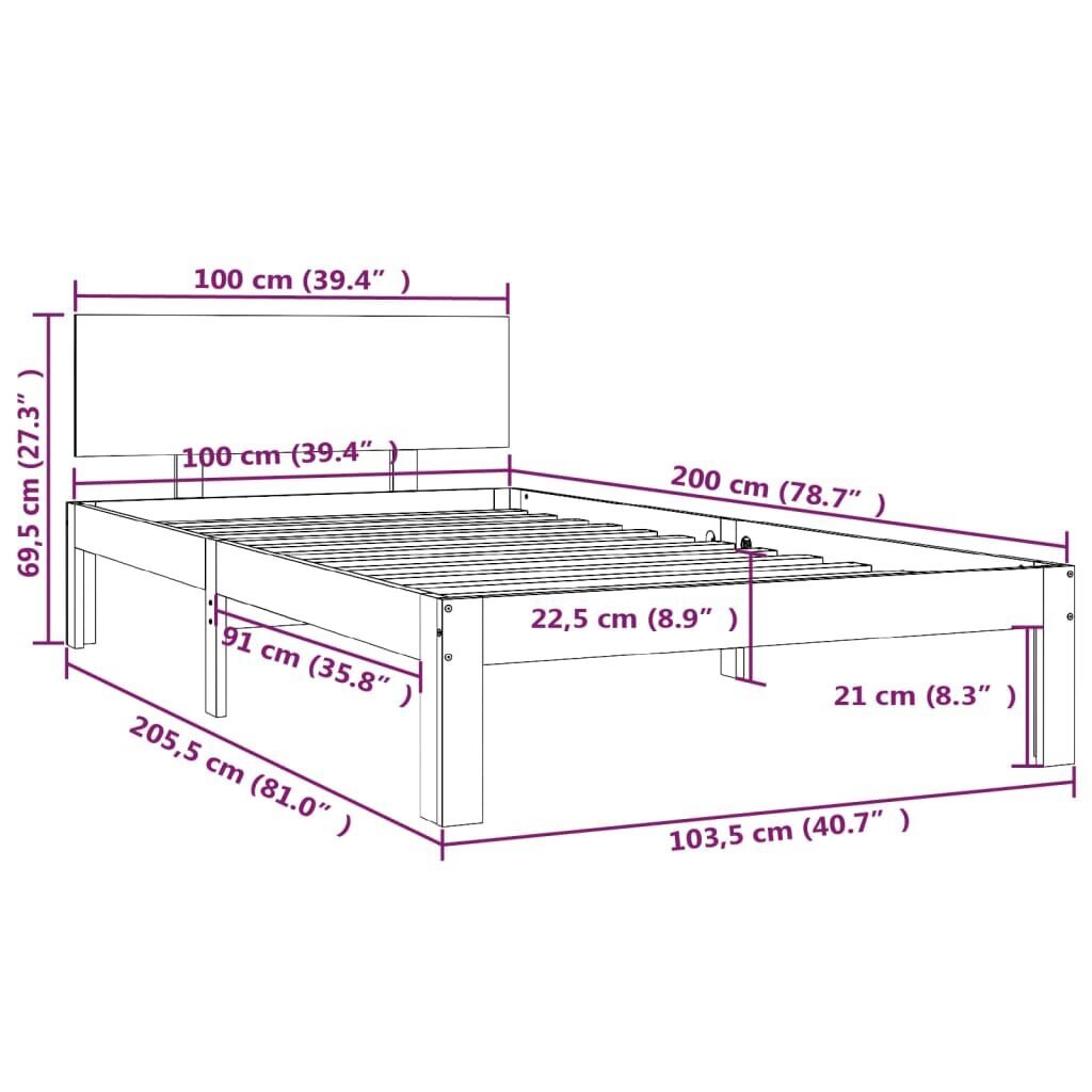 vidaXL voodiraam, hall, männipuit, 100 x 200 cm цена и информация | Voodid | kaup24.ee