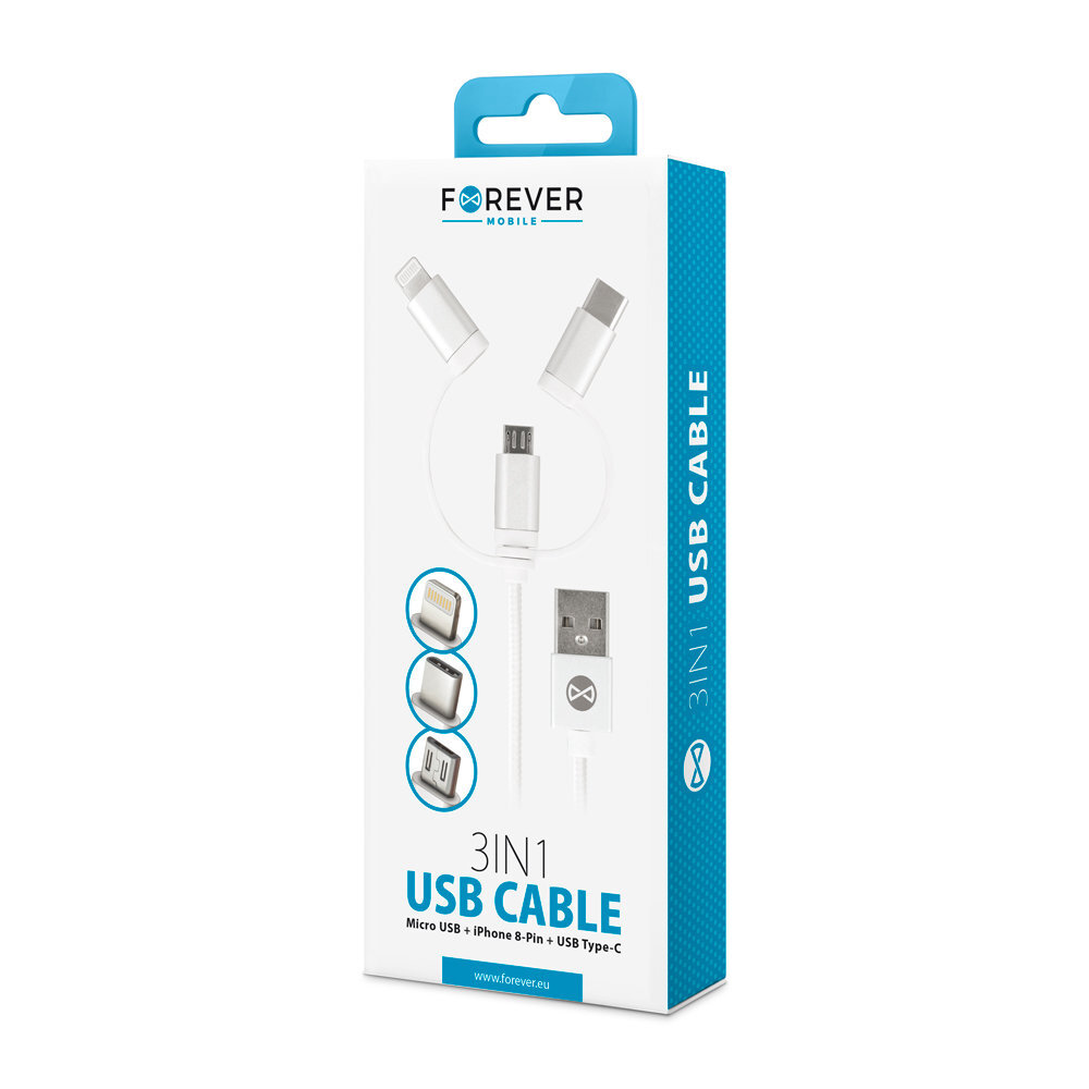 Forever 3in1, USB C, Lightning, USB Micro A, 1 m цена и информация | Mobiiltelefonide kaablid | kaup24.ee