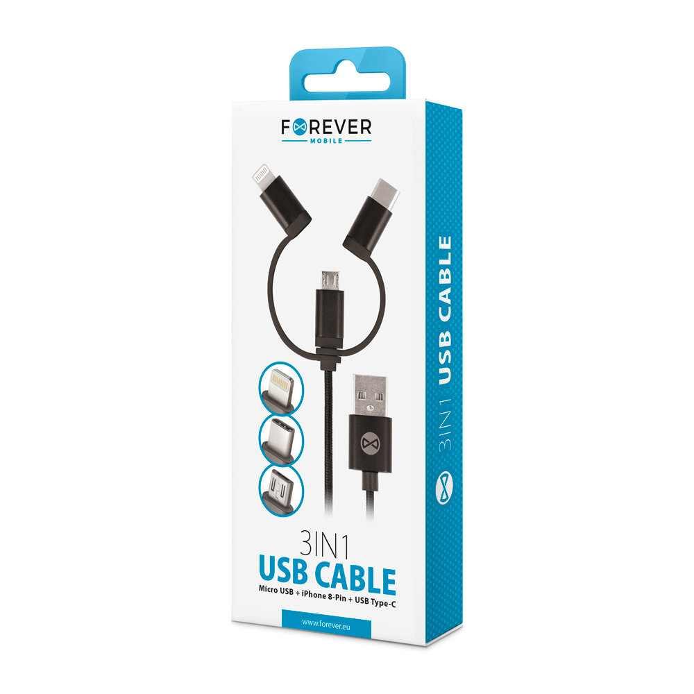 Forever 3in1, USB C, Lightning, USB Micro A, 1 m цена и информация | Mobiiltelefonide kaablid | kaup24.ee