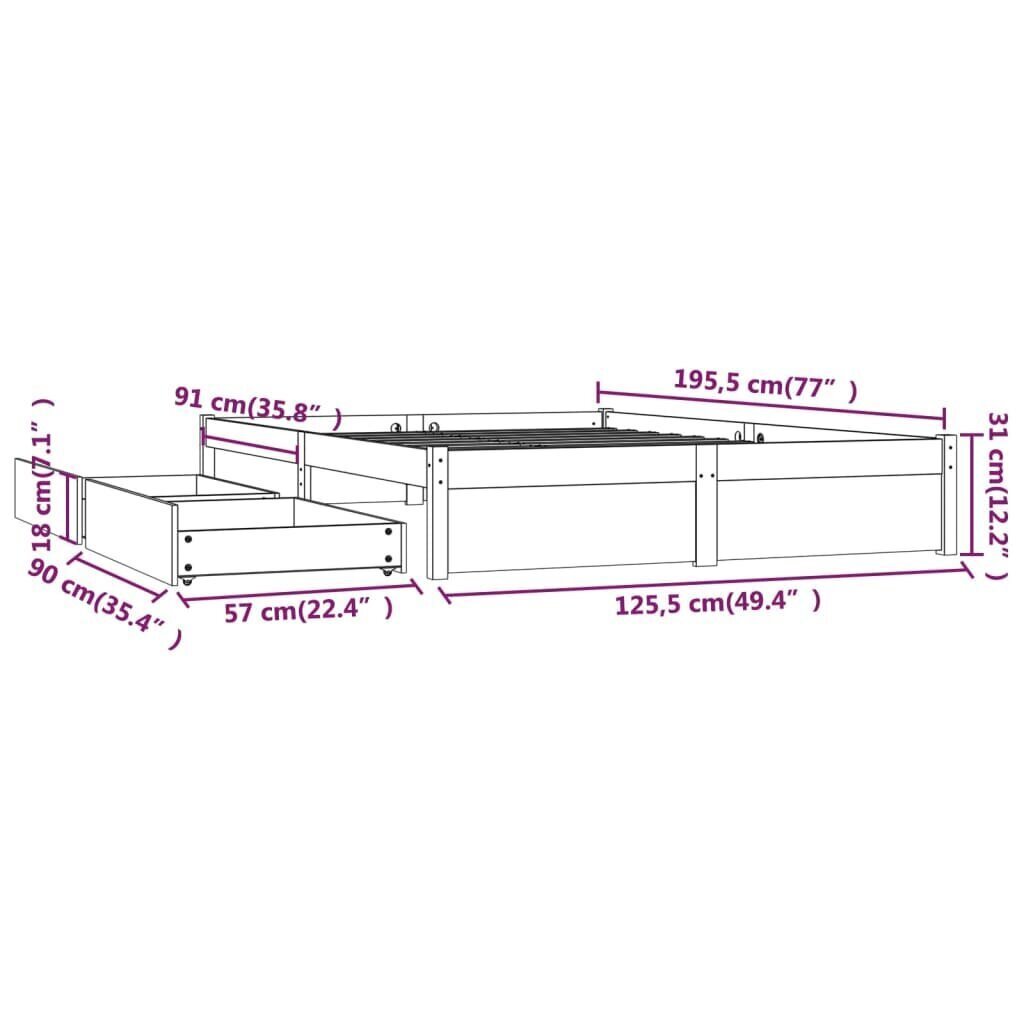 vidaXL sahtlitega voodiraam, valge, 120 x 190 cm цена и информация | Voodid | kaup24.ee