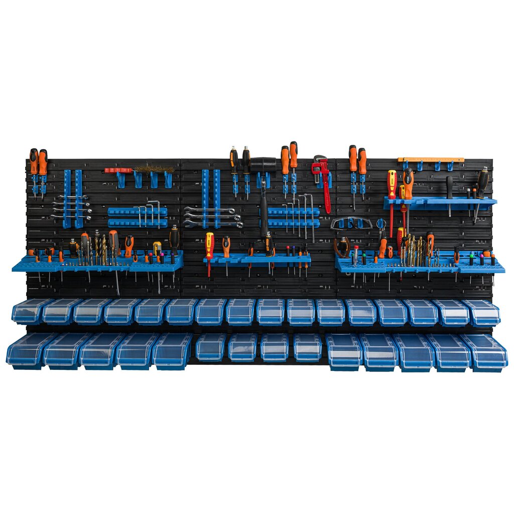 Tööriistade hoistamise seinariiul 175,5 x 78 cm, Virnastamise kastid 30 tk hind ja info | Tööriistakastid, tööriistahoidjad | kaup24.ee