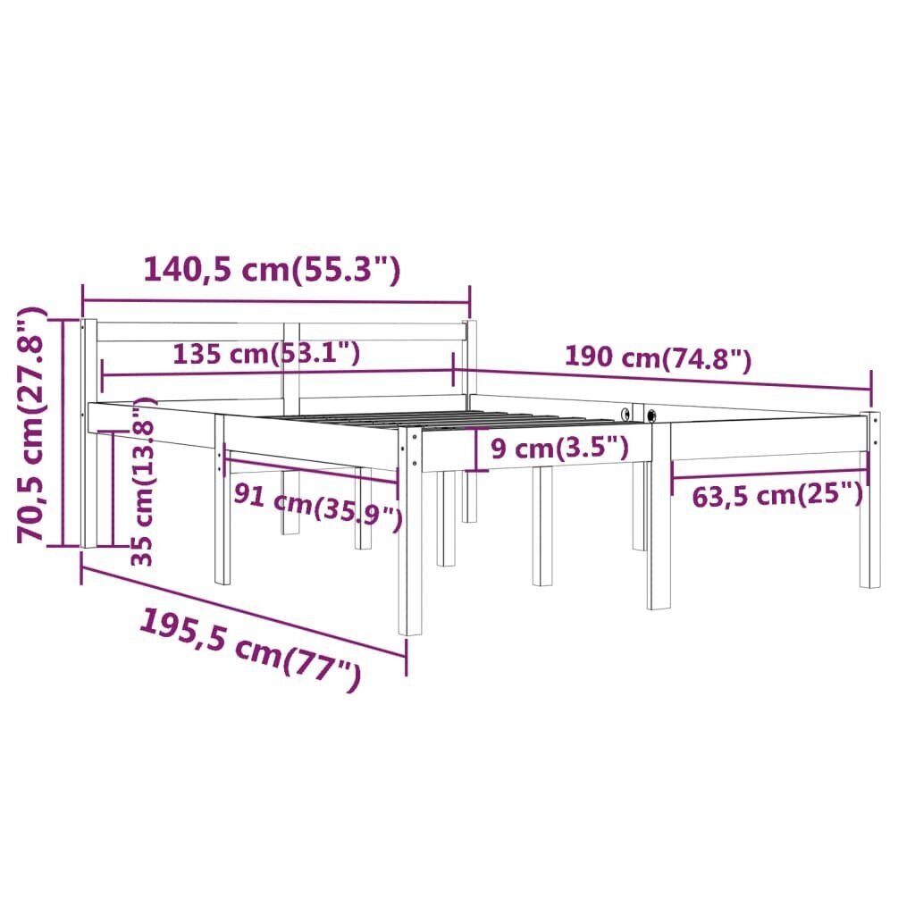 vidaXL voodiraam, hall, täismännipuit, 135 x 190 cm hind ja info | Voodid | kaup24.ee