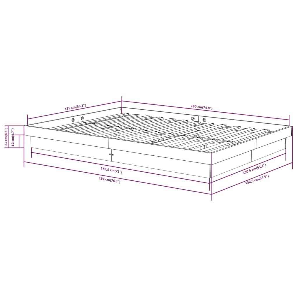 vidaXL voodiraam, hall, täismännipuit, 135 x 190 cm hind ja info | Voodid | kaup24.ee