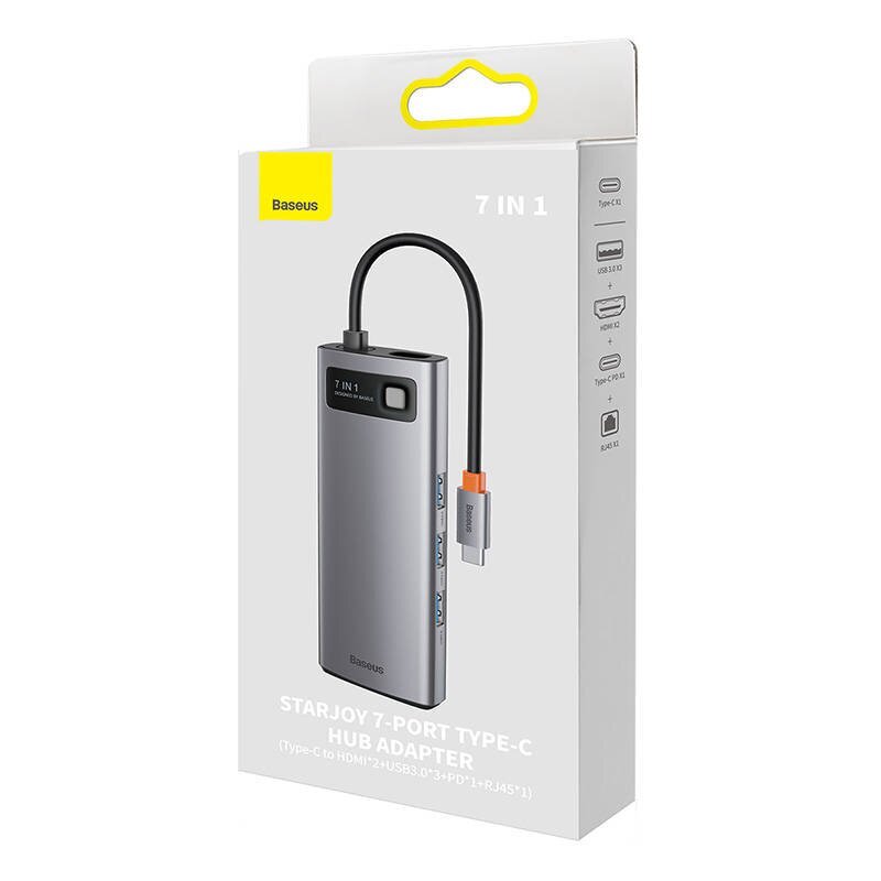 Hub 7in1 Baseus Metal Gleam Series, USB-C to 3x USB 3.0 + 2x HDMI + USB-C PD + Ethernet RJ45 цена и информация | USB jagajad, adapterid | kaup24.ee