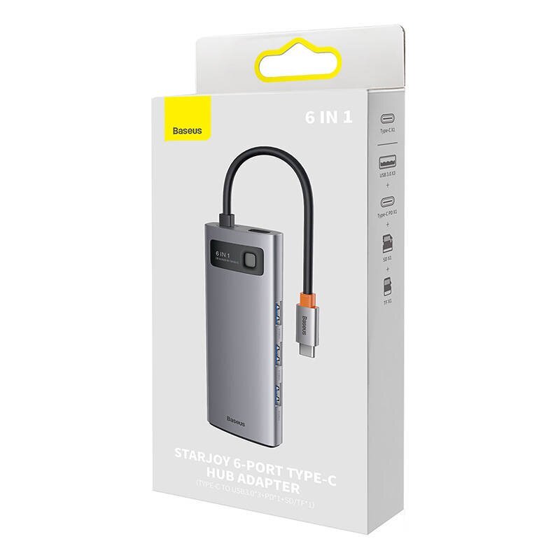 Hub 6in1 Baseus Metal Gleam Series, USB-C to 3x USB 3.0 + USB-C PD + microSD/SD цена и информация | USB jagajad, adapterid | kaup24.ee