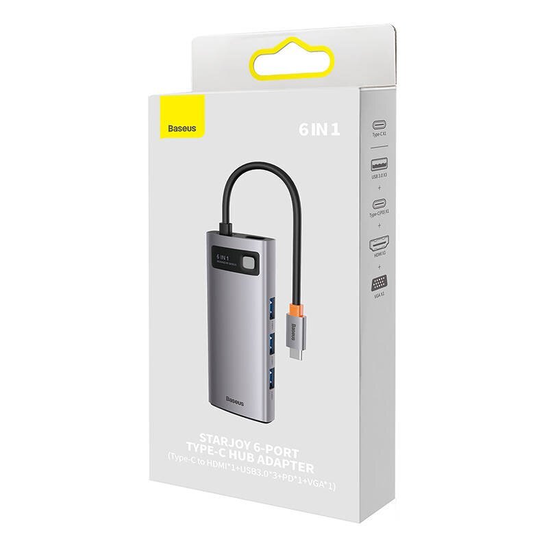 Hub 6in1 Baseus Metal Gleam Series, USB-C to 3x USB 3.0 + HDMI + USB-C PD + VGA цена и информация | USB jagajad, adapterid | kaup24.ee