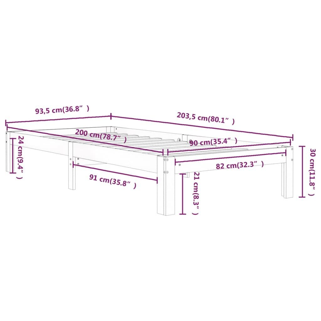 vidaXL voodiraam, valge, männipuit, 90 x 200 cm цена и информация | Voodid | kaup24.ee