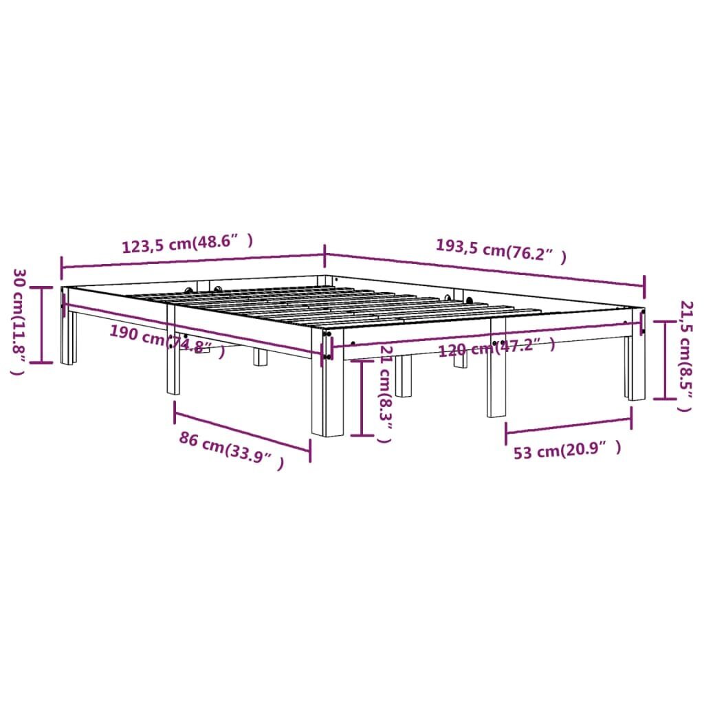 vidaXL voodiraam, valge, täismännipuit 120x190 cm hind ja info | Voodid | kaup24.ee