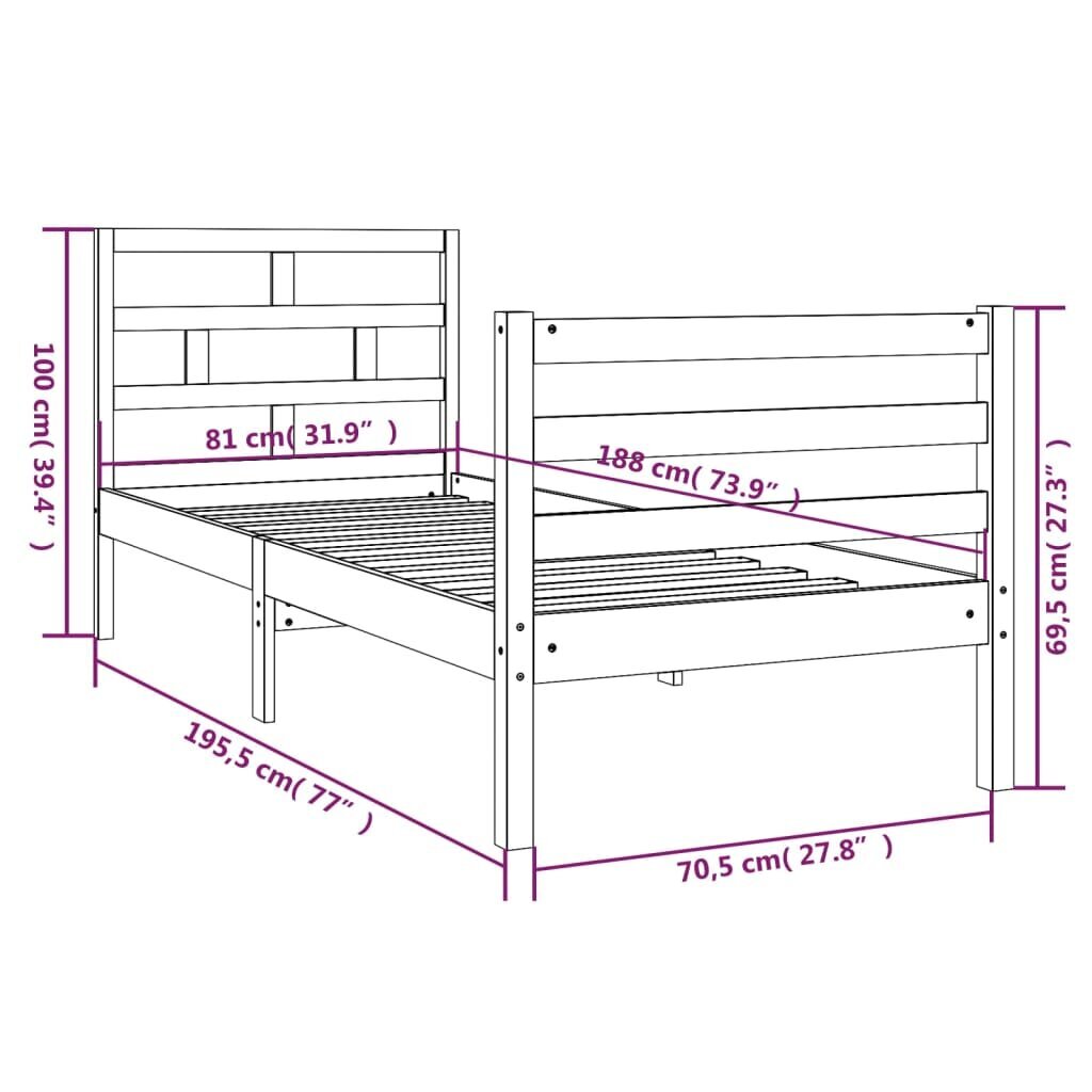 vidaXL voodiraam, täismännipuit, 75 x 190 cm hind ja info | Voodid | kaup24.ee