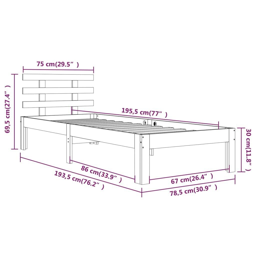 vidaXL voodiraam, valge, täismännipuit, 75 x 190 cm hind ja info | Voodid | kaup24.ee