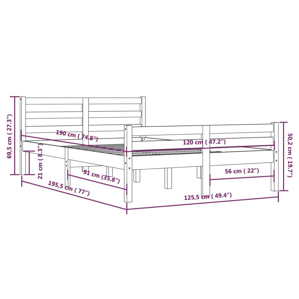 vidaXL voodiraam, meepruun, täismännipuit, 120 x 190 cm hind ja info | Voodid | kaup24.ee