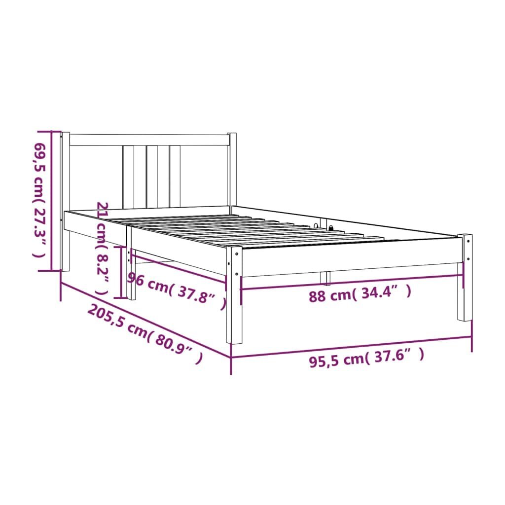 vidaXL voodiraam, hall, männipuit, 90 x 200 cm hind ja info | Voodid | kaup24.ee