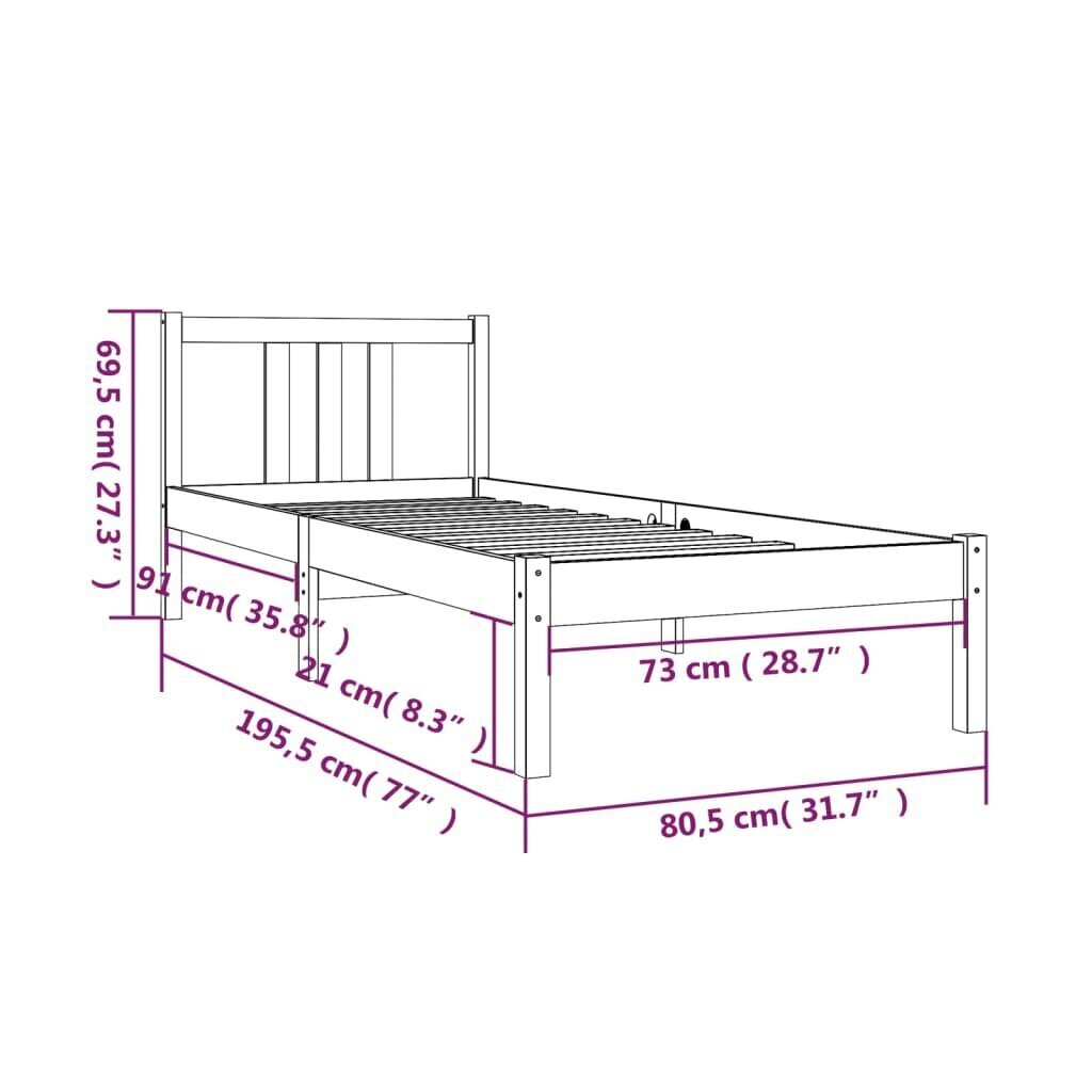 vidaXL voodiraam, hall, täismännipuit, 75 x 190 cm hind ja info | Voodid | kaup24.ee