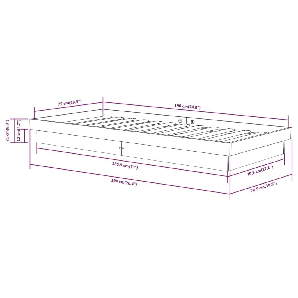 vidaXL voodiraam, meepruun, täismännipuit, 75 x 190 cm цена и информация | Voodid | kaup24.ee