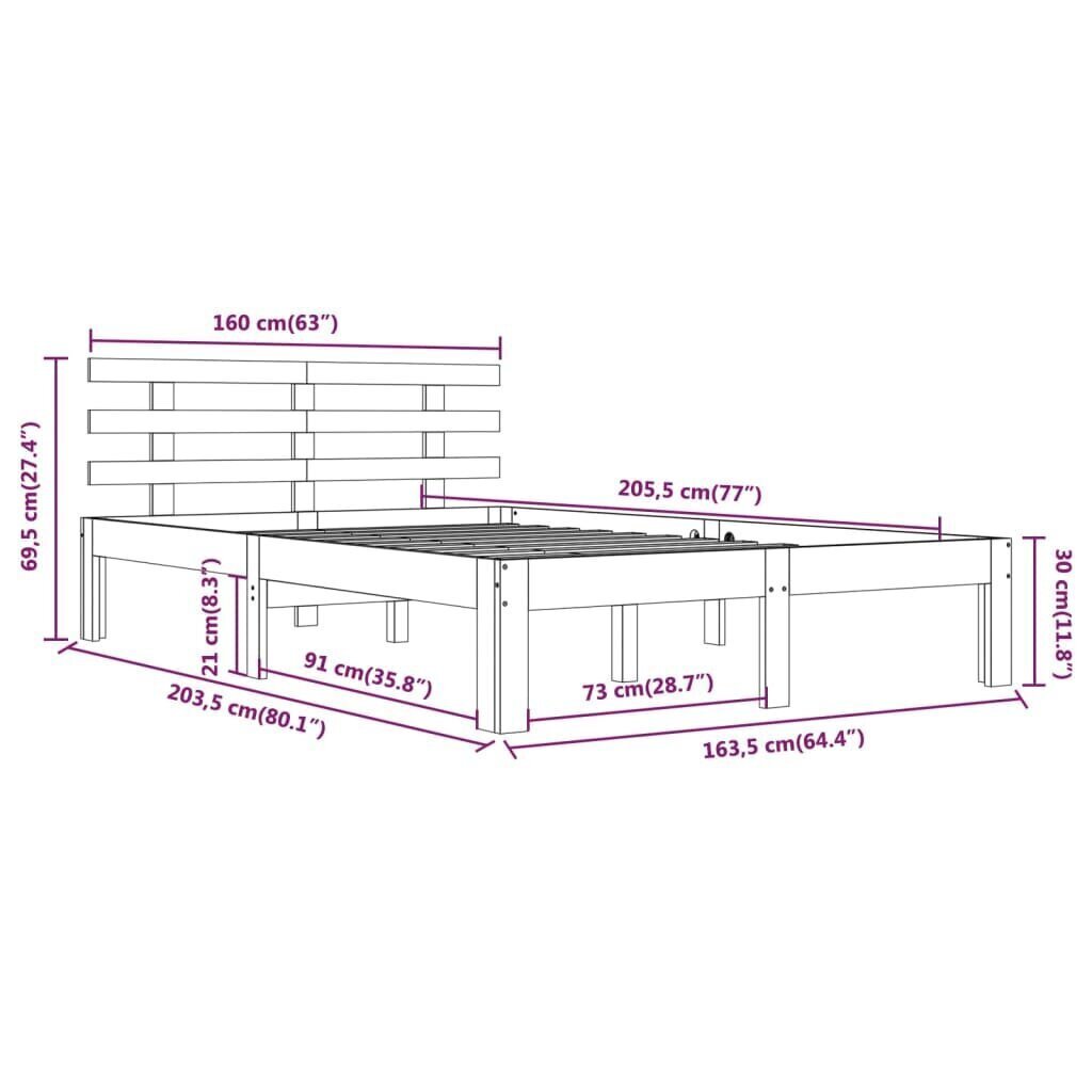 vidaXL voodiraam, valge, täismännipuit, 160 x 200 cm hind ja info | Voodid | kaup24.ee