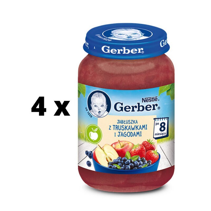 Laste püree GERBER õunte, maasikate ja mustikatega 190g x 4 tk pakk hind ja info | Püreed | kaup24.ee