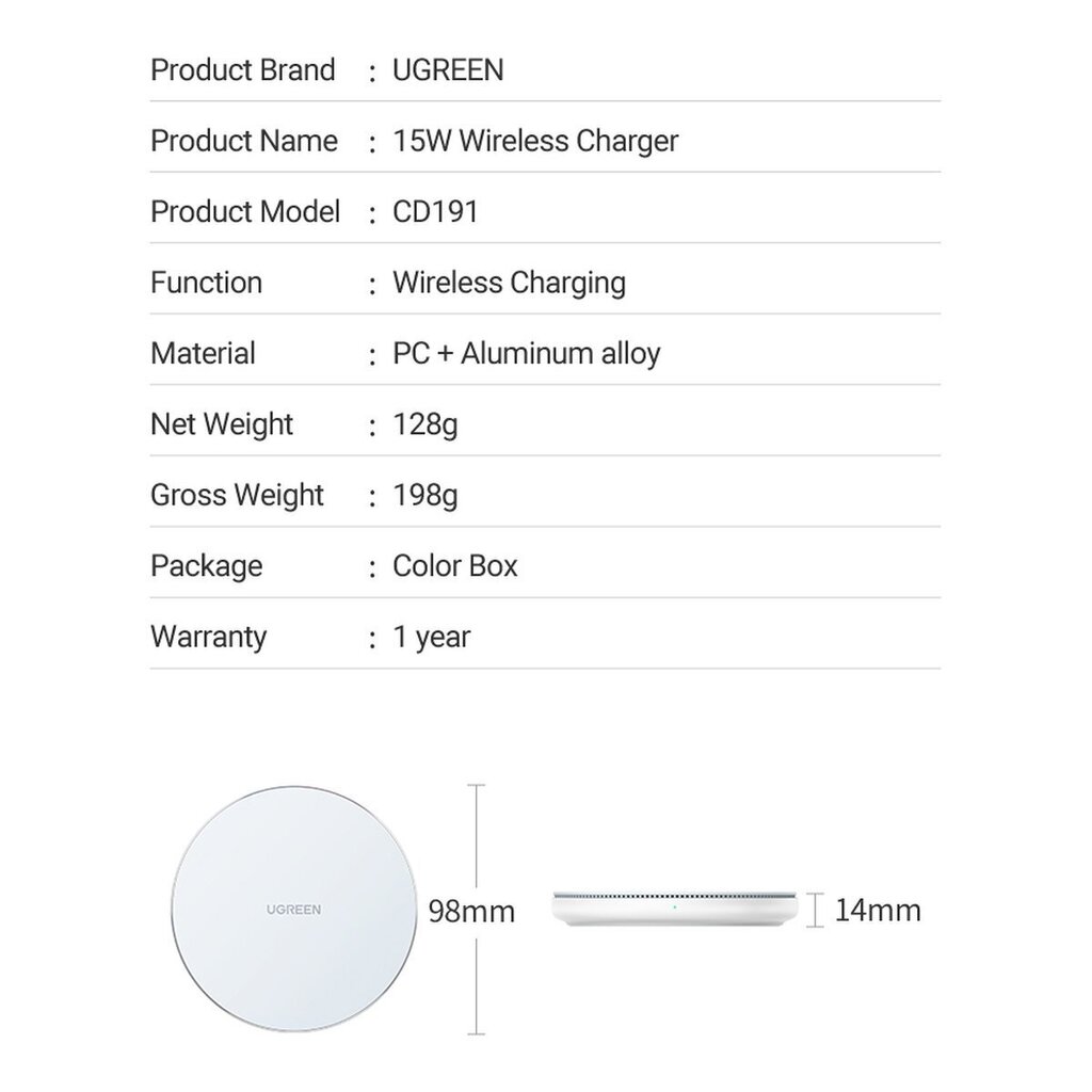 Ugreen 15W Qi CD191 40122 hind ja info | Mobiiltelefonide laadijad | kaup24.ee