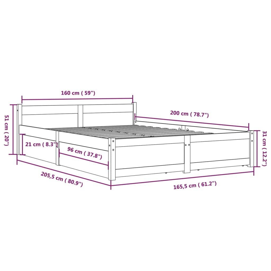 vidaXL sahtlitega voodiraam, 160 x 200 cm hind ja info | Voodid | kaup24.ee