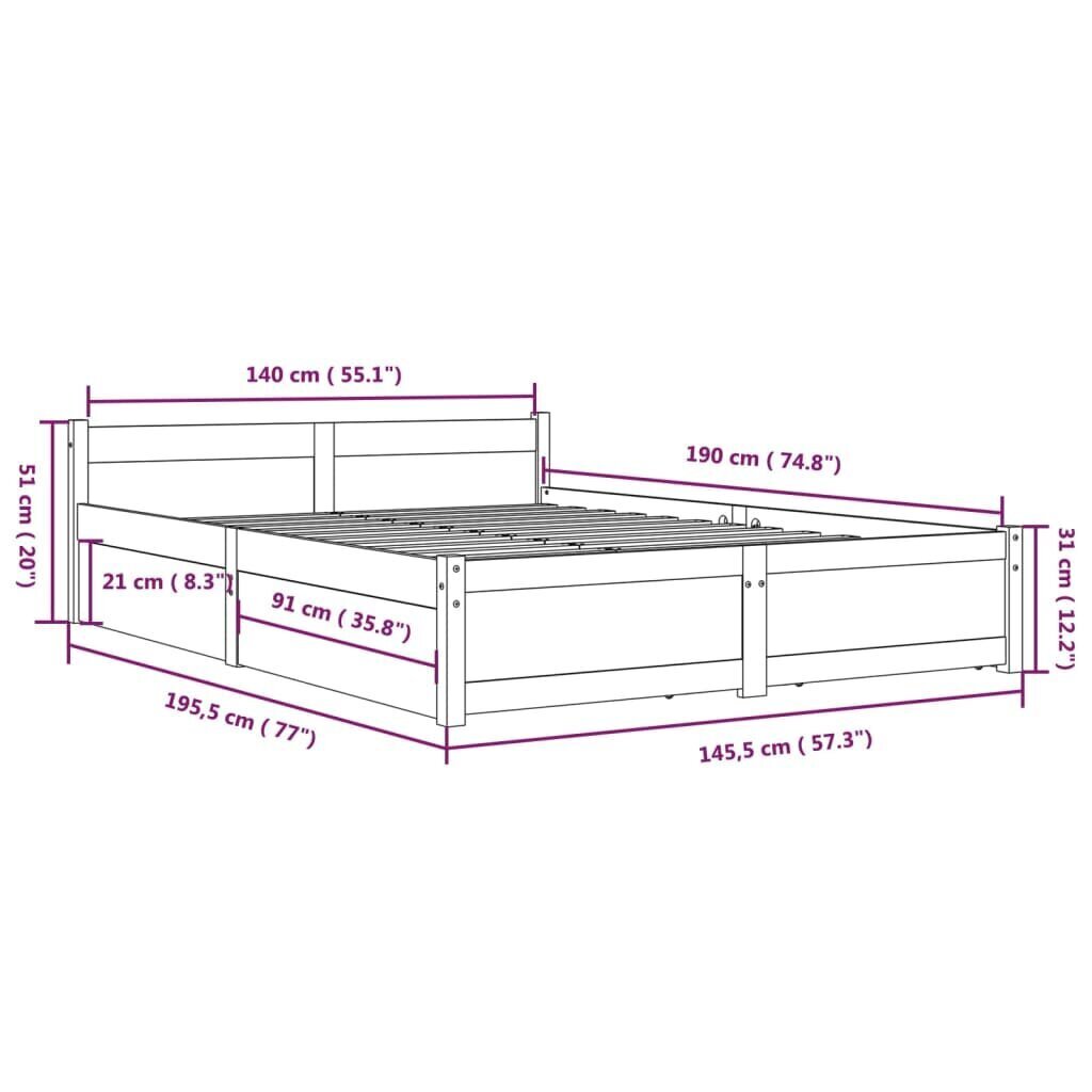 vidaXL sahtlitega voodiraam, must, 140 x 190 cm hind ja info | Voodid | kaup24.ee