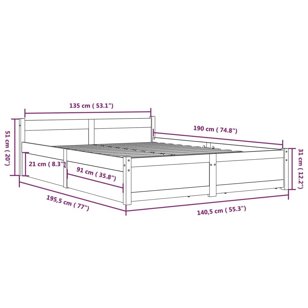 vidaXL sahtlitega voodiraam, 135 x 190 cm hind ja info | Voodid | kaup24.ee