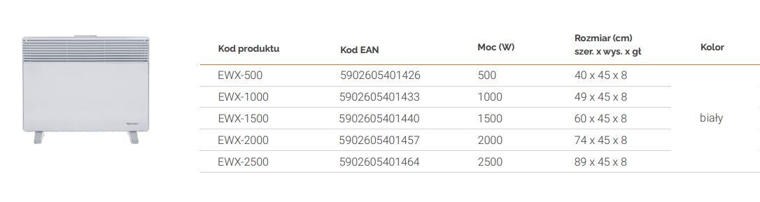 Konvektor kütteseade 74х45х8 cm WARMTEC EWX-2000, termostaat, 2000W valge цена и информация | Küttekehad | kaup24.ee