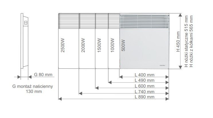 Konvektor kütteseade 49x45x8 cm WARMTEC EWX-1000, termostaat 1000W, valge цена и информация | Küttekehad | kaup24.ee