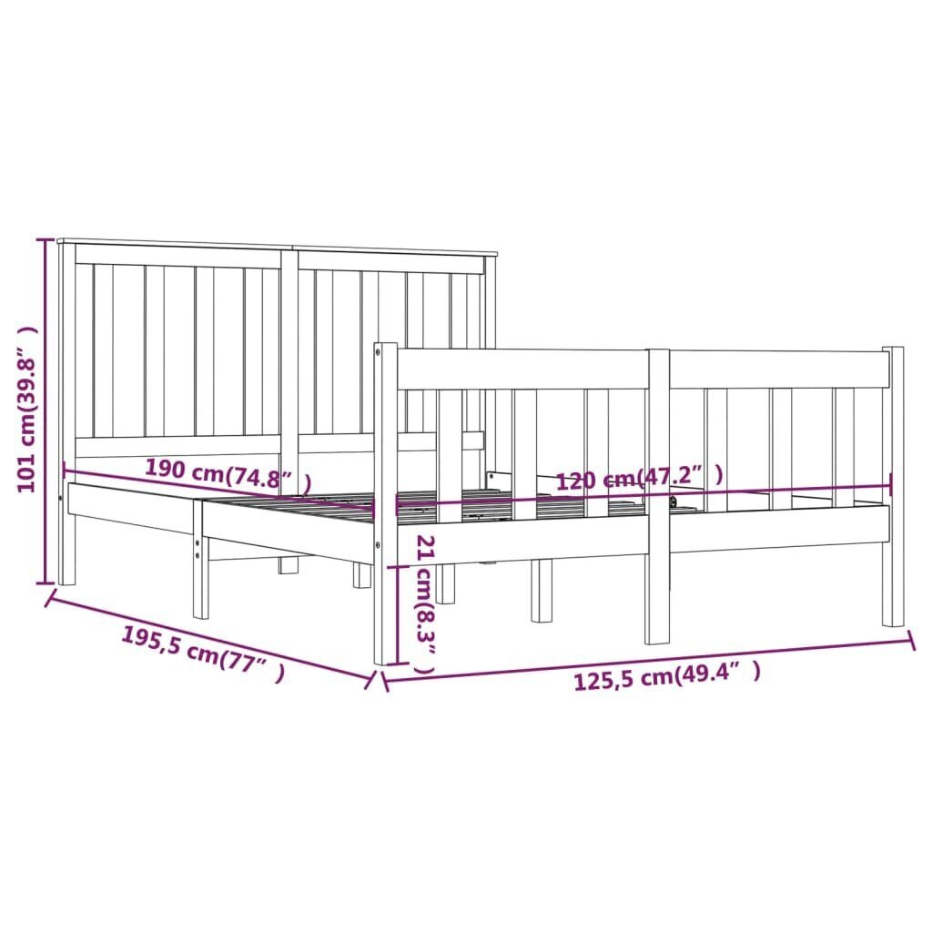 vidaXL voodiraam, täismännipuit, 120 x 190 cm 4FT, väike kahekohaline hind ja info | Voodid | kaup24.ee