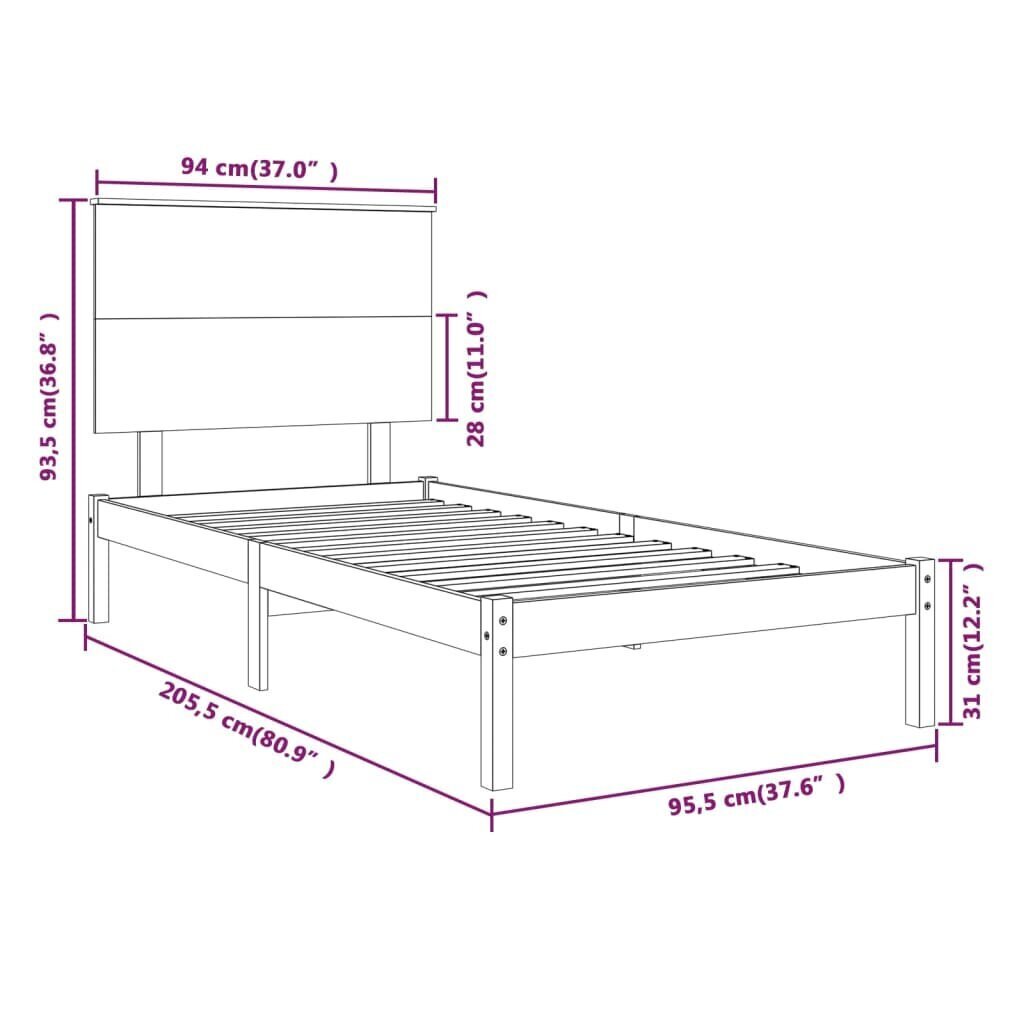 vidaXL voodiraam, valge, täismännipuit, 90 x 200 cm цена и информация | Voodid | kaup24.ee