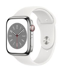 Apple Watch Series 8 GPS + Cellular 45мм Silver Stainless Steel Case ,White Sport Band - MNKE3EL/A LV-EE цена и информация | Смарт-часы (smartwatch) | kaup24.ee