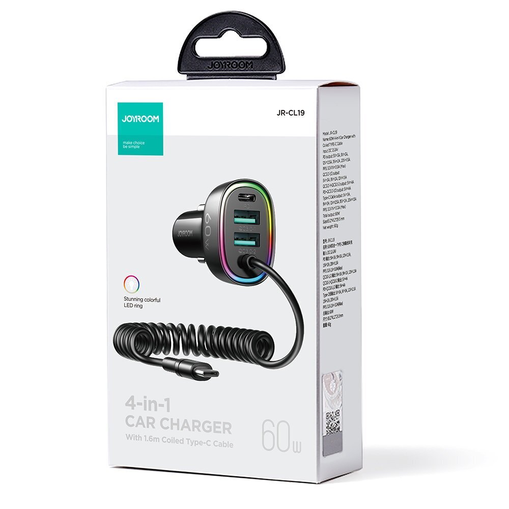 Telefoni autolaadija Joyroom 4 in 1 fast car charger PD, QC3.0, AFC, FCP with USB Type C cable 1.6 m 60W black (JR-CL19) hind ja info | Mobiiltelefonide laadijad | kaup24.ee