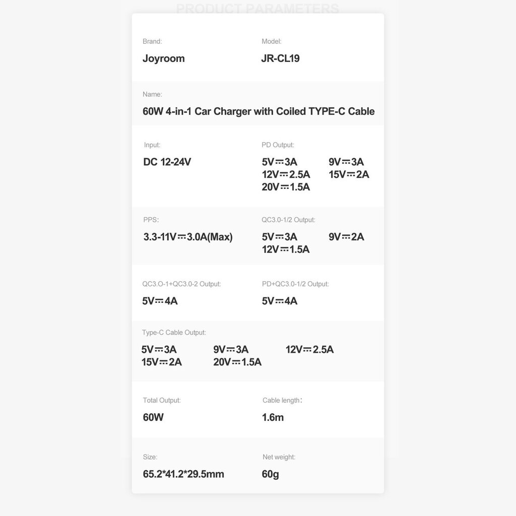 Telefoni autolaadija Joyroom 4 in 1 fast car charger PD, QC3.0, AFC, FCP with USB Type C cable 1.6 m 60W black (JR-CL19) hind ja info | Mobiiltelefonide laadijad | kaup24.ee
