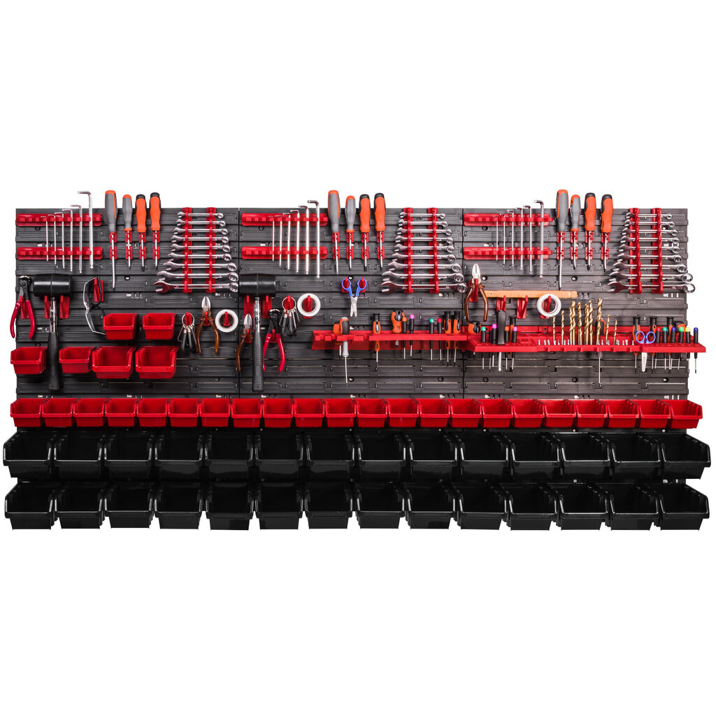 Töökojariiul seinariiul 1728 x 780 mm virnastamiskastid punane must tööriistahoidik hoiukastid riiulisüsteem (56 kasti punane/must) цена и информация | Tööriistakastid, tööriistahoidjad | kaup24.ee