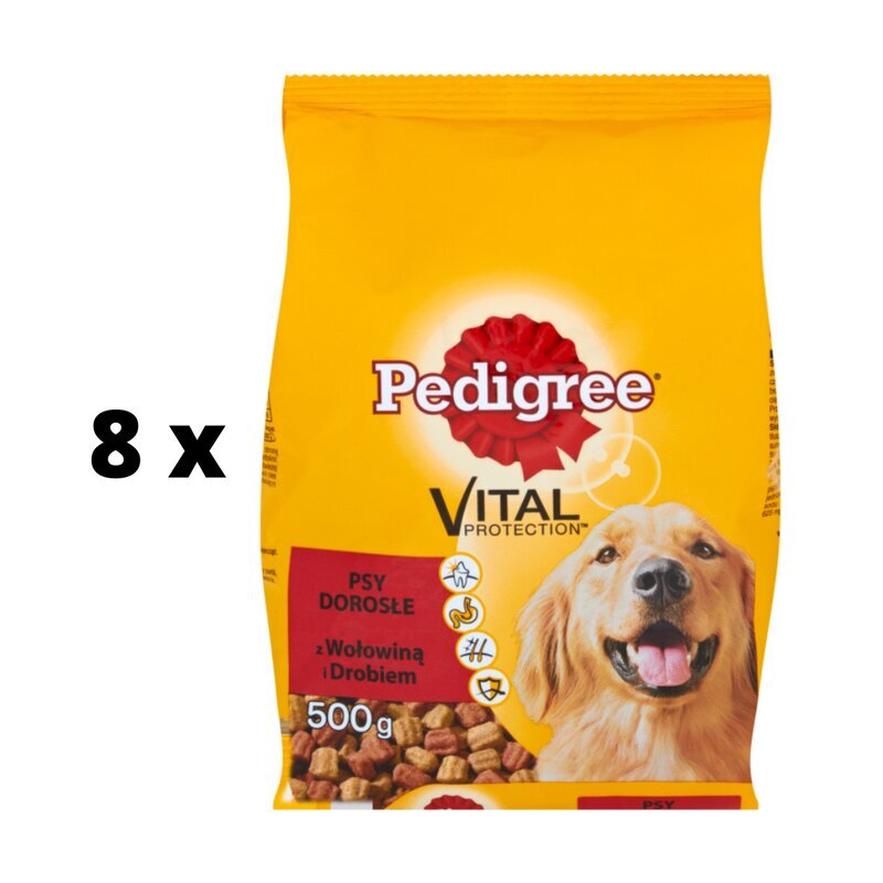 Koera kuivtoit PEDIGREE Adult, veise- ja linnulihaga, 500 g x 8 tk. pakett hind ja info | Kuivtoit koertele | kaup24.ee