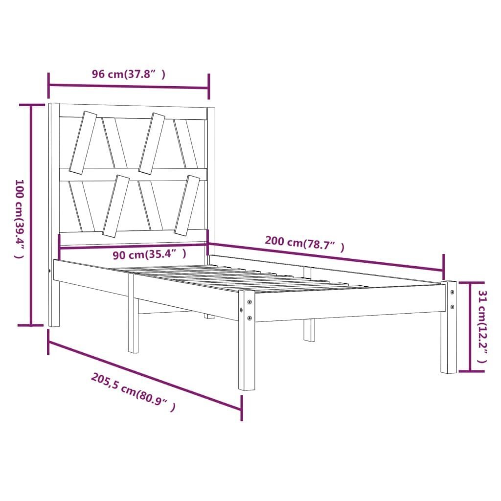 vidaXL voodiraam, valge, täismännipuit, 90 x 200 cm цена и информация | Voodid | kaup24.ee