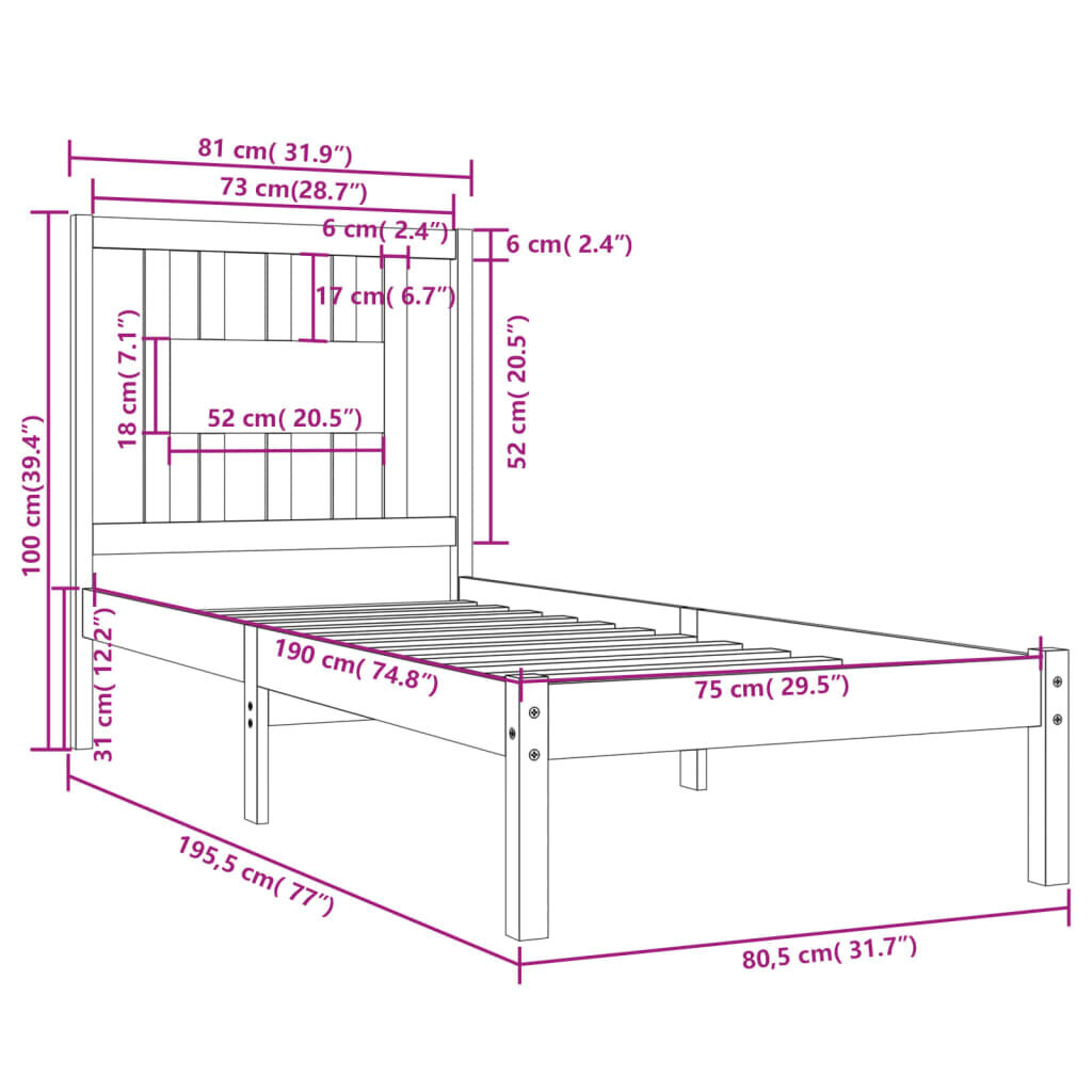 vidaXL voodiraam, täismännipuit, 75 x 190 cm цена и информация | Voodid | kaup24.ee