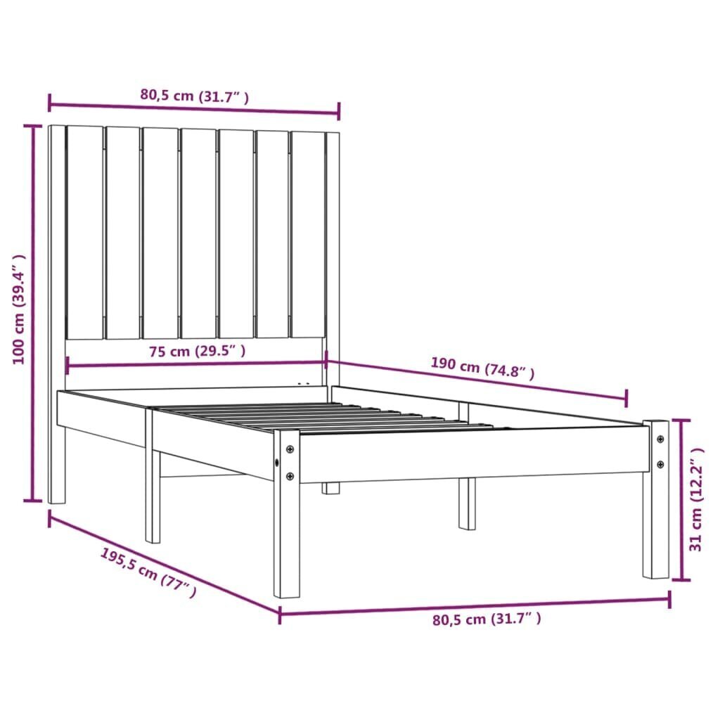 vidaXL voodiraam, valge, täismännipuit, 75 x 190 cm цена и информация | Voodid | kaup24.ee