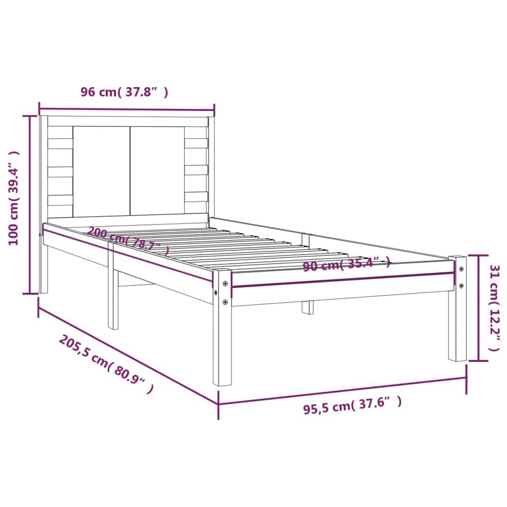 vidaXL voodiraam, valge, täismännipuit, 90 x 200 cm hind ja info | Voodid | kaup24.ee