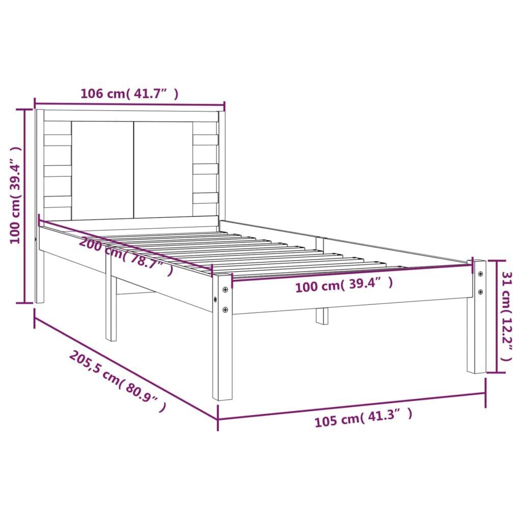 vidaXL voodiraam, meepruun, täismännipuit, 100 x 200 cm hind ja info | Voodid | kaup24.ee