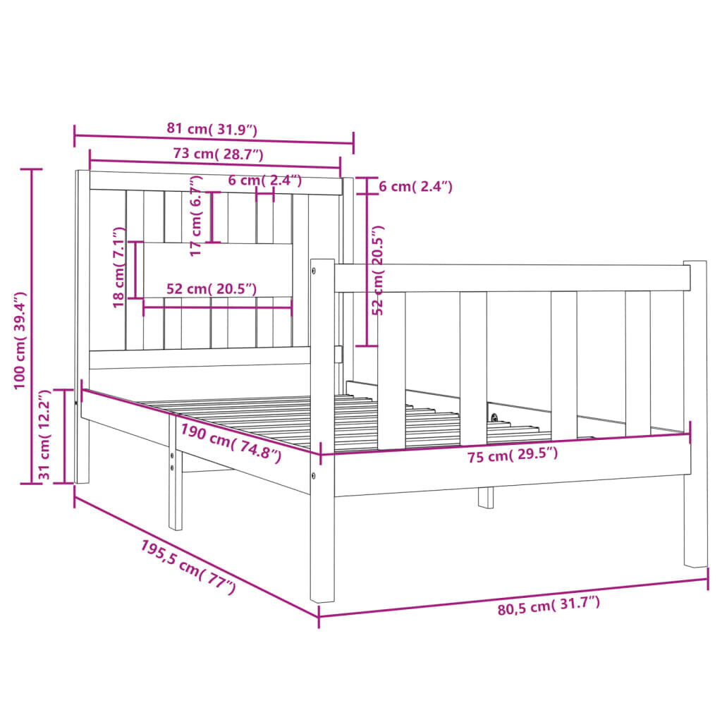 vidaXL voodiraam, valge, täismännipuit, 75 x 190 cm цена и информация | Voodid | kaup24.ee